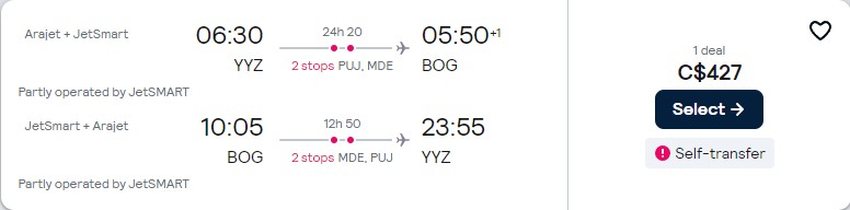 Cheap flights from Toronto, Canada to Bogota, Colombia for only $427 CAD roundtrip. Flight deal ticket image.