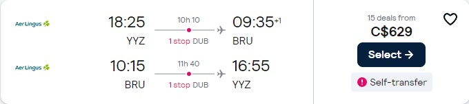 Cheap flights from Toronto, Canada to Brussels, Belgium for only $629 CAD roundtrip with Aer Lingus. Flight deal ticket image.