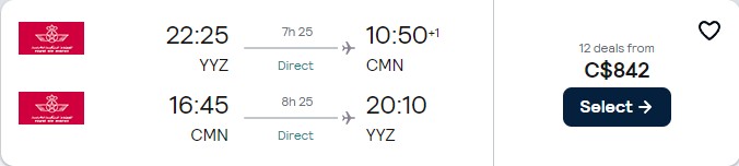 Non-stop flights from Toronto, Canada to Casablanca, Morocco for only $842 CAD roundtrip with Royal Air Maroc. Flight deal ticket image.
