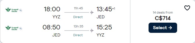 Non-stop flights from Toronto, Canada to Jeddah, Saudi Arabia for only $714 CAD roundtrip. Flight deal ticket image.