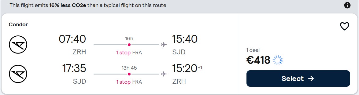 Cheap flights from European cities to San Jose del Cabo, Mexico from only €418 roundtrip. Flight deal ticket image.