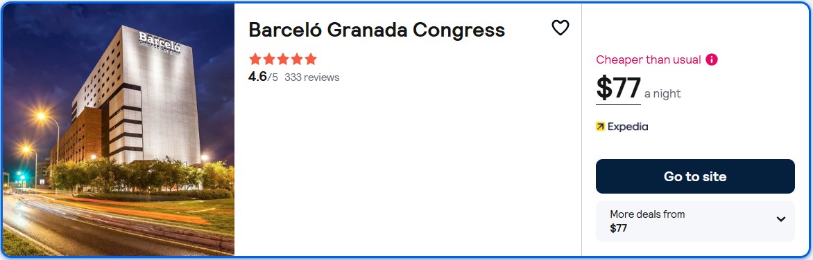 Click here to book this cheap flight deal. Stay at the 5 Stars* Barceló Granada Congress in Granada, Spain for only $77 USD per night. Flight deal ticket image.