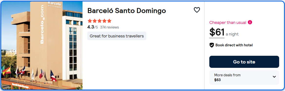 Click here to book this cheap flight deal. Stay at the 5* Barceló Santo Domingo in Santo Domingo, Dominican Republic for only $61 USD per night. Flight deal ticket image.