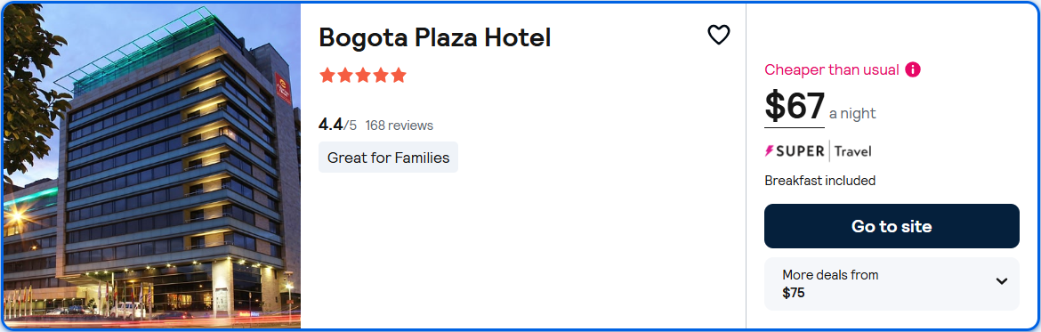 Click here to book this cheap flight deal. Stay at the 5* Bogota Plaza Hotel in Bogota, Colombia for only $67 USD per night. Flight deal ticket image.