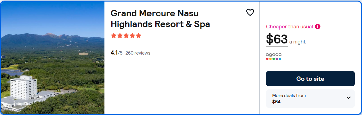 Click here to book this cheap flight deal. Stay at the 5* Grand Mercure Nasu Highlands Resort & Spa in Nasu, Japan for only $63 USD per night. Flight deal ticket image.