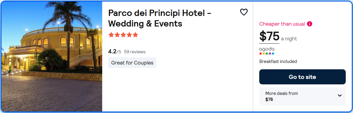 Stay at the 5* Parco dei Principi Hotel - Wedding & Events in Roccella Ionica, Italy for only $75 USD per night. Flight deal ticket image.