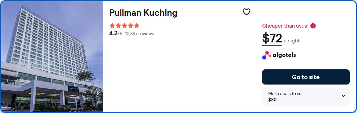 Click here to book this cheap flight deal. Stay at the 5 Stars* Pullman Kuching in Kuching, Malaysia for only $72 USD per night. Flight deal ticket image.