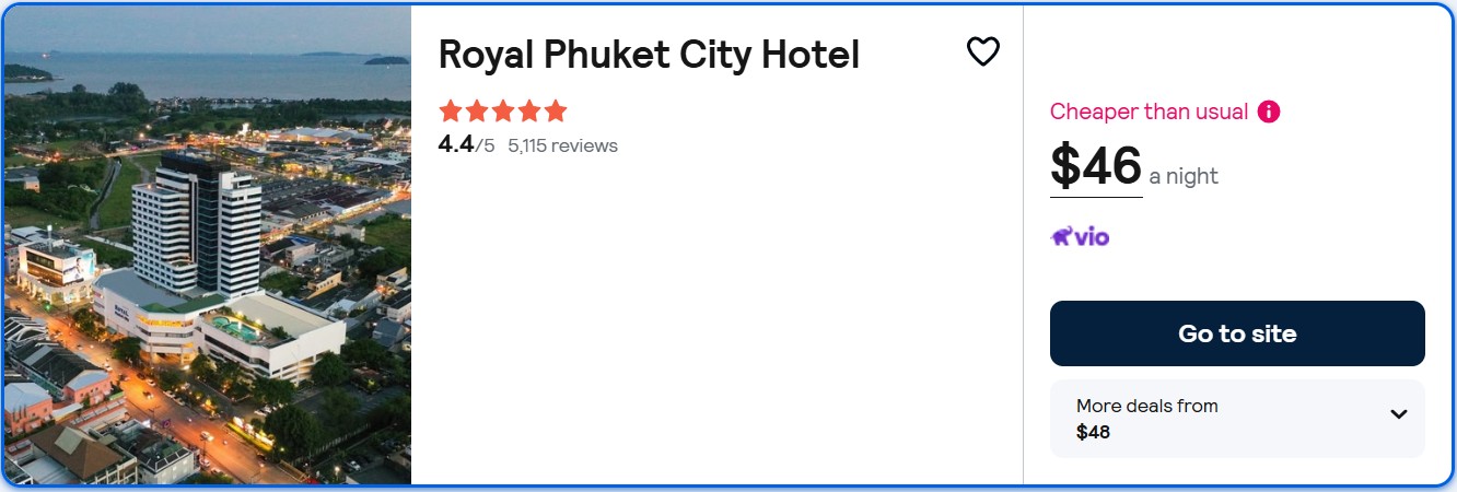 Click here to book this cheap flight deal. Stay at the 5* Royal Phuket City Hotel in Phuket, Thailand for only $46 USD per night. Flight deal ticket image.