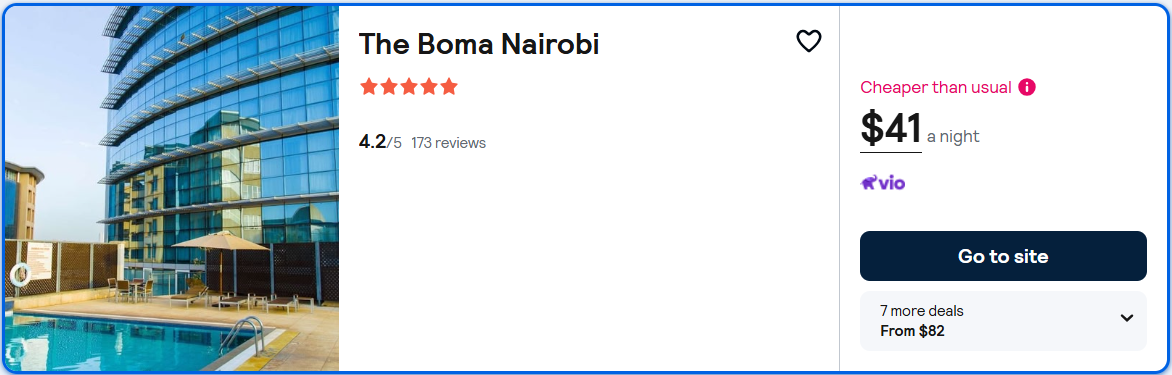 Stay at the 5* The Boma Nairobi in Nairobi, Kenya for only $41 USD per night. Flight deal ticket image.