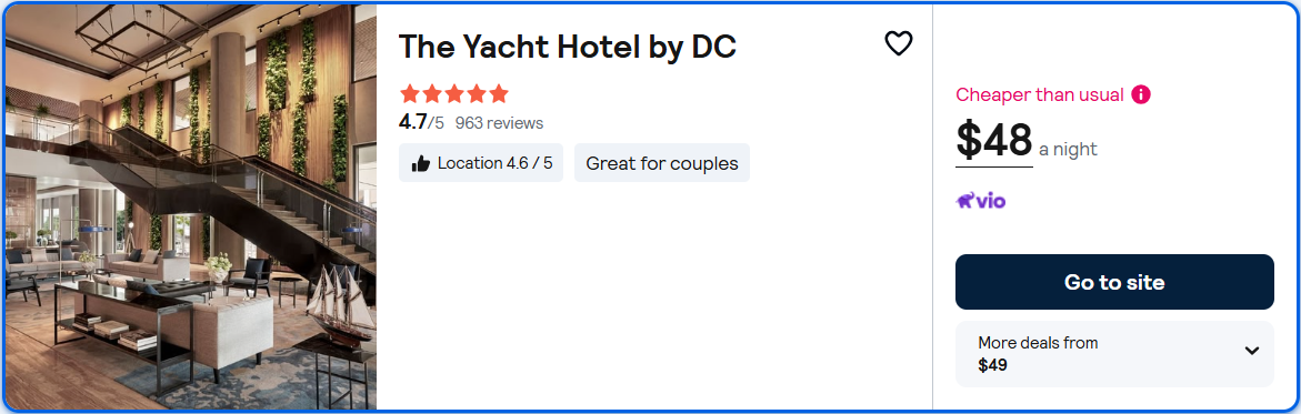 Click here to book this cheap flight deal. Stay at the 5* The Yacht Hotel by DC in Cây Quéo, Vietnam for only $48 USD per night. Flight deal ticket image.