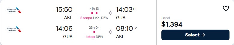 Cheap flights from Auckland, New Zealand to Guatemala City, Guatemala for only $1394 NZD roundtrip with American Airlines. Flight deal ticket image.