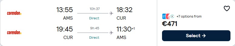 Click here to book this cheap flight deal. Non-stop flights from Amsterdam, Netherlands to Curacao for only €471 roundtrip. Flight deal ticket image.