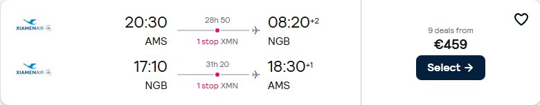 Cheap flights from Amsterdam, Netherlands to Ningbo, China for only €459 roundtrip with Xiamen Airlines. Flight deal ticket image.