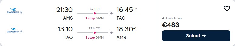Cheap flights from Amsterdam, Netherlands to Qingdao, China for only €483 roundtrip with Xiamen Airlines. Flight deal ticket image.