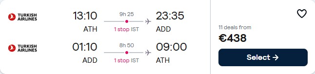 Click here to book this cheap flight deal. Cheap flights from Athens, Greece to Addis Ababa, Ethiopia for only €438 roundtrip with Turkish Airlines. Flight deal ticket image.