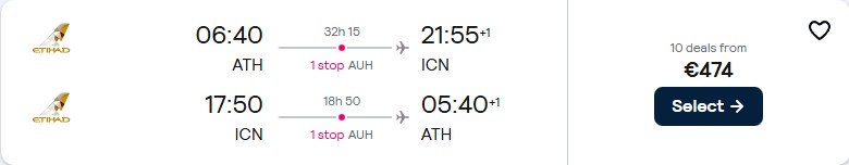 Cheap flights from Athens, Greece to Seoul, South Korea for only €474 roundtrip with Etihad Airways. Flight deal ticket image.