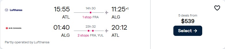 Cheap flights from Atlanta to Algiers, Algeria for only $539 roundtrip with Lufthansa and Air Canada. Flight deal ticket image.