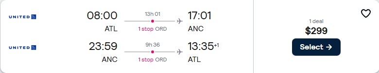 Cheap flights from Atlanta to Anchorage, Alaska for only $299 roundtrip with United Airlines. Also works in reverse. Flight deal ticket image.