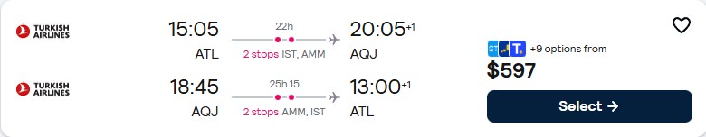 Click here to book this cheap flight deal. Cheap flights from Atlanta to Aqaba, Jordan for only $597 roundtrip with Turkish Airlines. Flight deal ticket image.