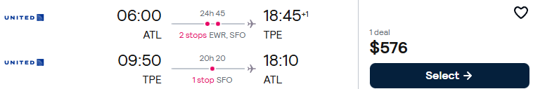 Cheap flights from Atlanta to Taipei, Taiwan for only $576 roundtrip with United Airlines. Flight deal ticket image.