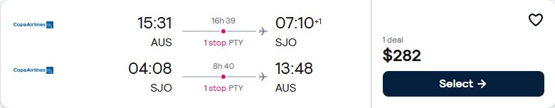 Summer and New Year flights from Austin, Texas to San Jose, Costa Rica for only $282 roundtrip with Copa Airlines. Flight deal ticket image.