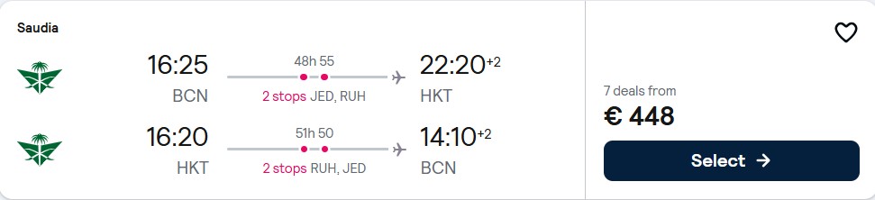Click here to book this cheap flight deal. Cheap flights from Barcelona, Spain to Phuket, Thailand for only €448 roundtrip. Flight deal ticket image.