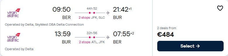 Click here to book this cheap flight deal. Cheap flights from Berlin, Germany to Burbank, California for only €484 roundtrip with Delta Air Lines. Flight deal ticket image.