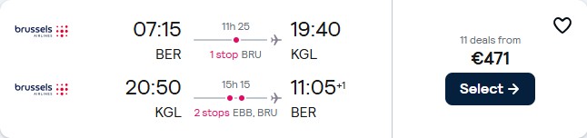 Click here to book this cheap flight deal. Cheap flights from Berlin, Germany to Kigali, Rwanda for only €471 roundtrip with Brussels Airlines. Flight deal ticket image.