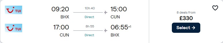 Non-stop flights from Birmingham, UK to Cancun, Mexico for only £330 roundtrip. Flight deal ticket image.