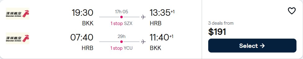 Click here to book this cheap flight deal. Cheap flights from Bangkok, Thailand to Harbin, China for only $191 USD roundtrip. Flight deal ticket image.