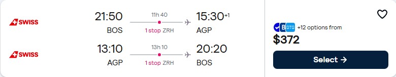 Cheap flights from Boston to Malaga, Spain for only $372 roundtrip with Swiss International Air Lines. Flight deal ticket image.