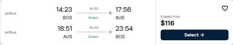 Click here to book this cheap flight deal. Non-stop flights from Boston to Austin, Texas for only $113 roundtrip with JetBlue. Also works in reverse. Flight deal ticket image.