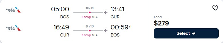 Cheap flights from Boston to Curacao for only $279 roundtrip with American Airlines. Flight deal ticket image.
