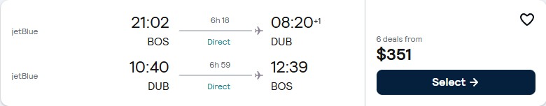 Non-stop flights from Boston to Dublin, Ireland for only $351 roundtrip with JetBlue. Flight deal ticket image.