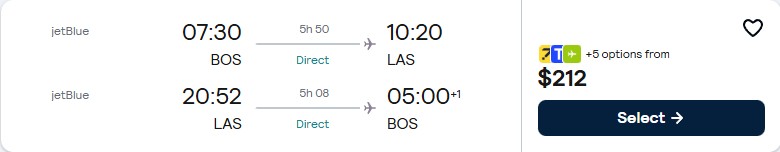 Click here to book this cheap flight deal. Non-stop flights from Boston to Las Vegas for only $210 roundtrip with JetBlue. Also works in reverse. Flight deal ticket image.