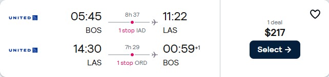Cheap flights from Boston to Las Vegas for only $217 roundtrip with United Airlines. Also works in reverse. Flight deal ticket image.