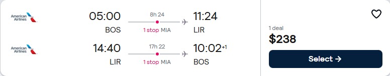 Cheap flights from Boston to Liberia, Costa Rica for only $238 roundtrip with American Airlines. Flight deal ticket image.