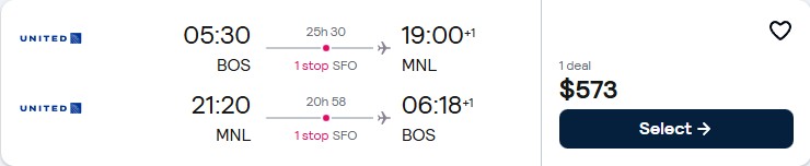 Cheap flights from Boston to Manila, Philippines for only $573 roundtrip with United Airlines. Flight deal ticket image.