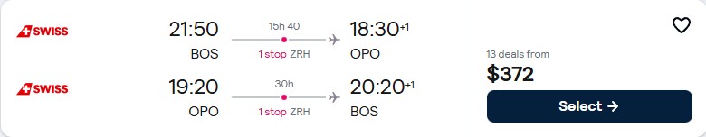 Click here to book this cheap flight deal. Cheap flights from Boston to Porto, Portugal for only $372 roundtrip with Swiss International Air Lines. Flight deal ticket image.