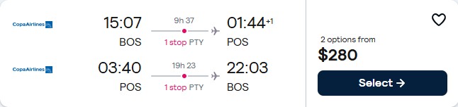Cheap flights from Boston to Trinidad for only $280 roundtrip with Copa Airlines. Flight deal ticket image.
