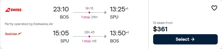 Click here to book this cheap flight deal. Cheap flights from Boston to Split, Croatia for only $361 roundtrip with Swiss International Air Lines and Austrian Airlines. Flight deal ticket image.