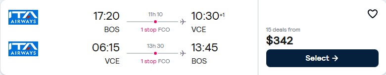 Cheap flights from Boston to Venice, Italy for only $340 roundtrip. Flight deal ticket image.