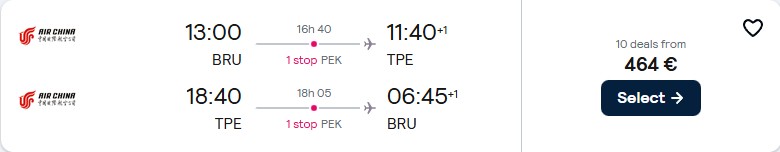 Cheap flights from Brussels, Belgium to Taipei, Taiwan for only €464 roundtrip. Flight deal ticket image.