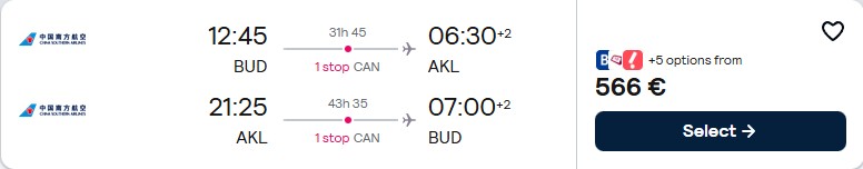 Click here to book this cheap flight deal. Cheap flights from Budapest, Hungary to Auckland, New Zealand for only €566 roundtrip. Flight deal ticket image.