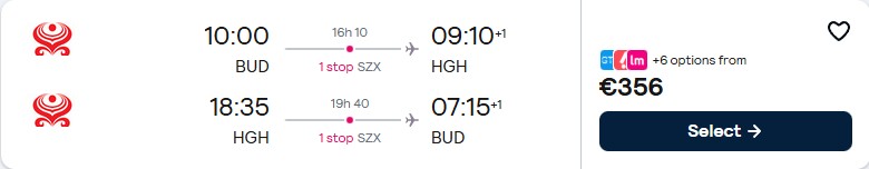 Cheap flights from Budapest, Hungary to Hangzhou, China for only €356 roundtrip with Hainan Airlines. Flight deal ticket image.