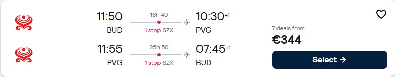 Click here to book this cheap flight deal. Cheap flights from Budapest, Hungary to Shanghai, China for only €344 roundtrip with Hainan Airlines. Flight deal ticket image.