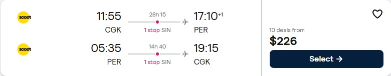 Cheap flights from Jakarta, Indonesia to Perth, Australia for only $216 USD roundtrip. Flight deal ticket image.