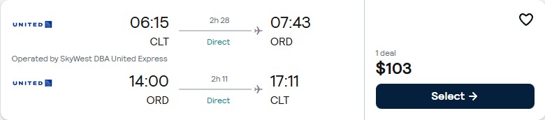 Click here to book this cheap flight deal. Non-stop flights from Charlotte, North Carolina to Chicago for only $103 roundtrip with United Airlines. Also works in reverse. Flight deal ticket image.