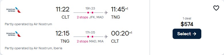Cheap flights from Charlotte, North Carolina to Tangier, Morocco for only $574 roundtrip with American Airlines and Iberia. Flight deal ticket image.