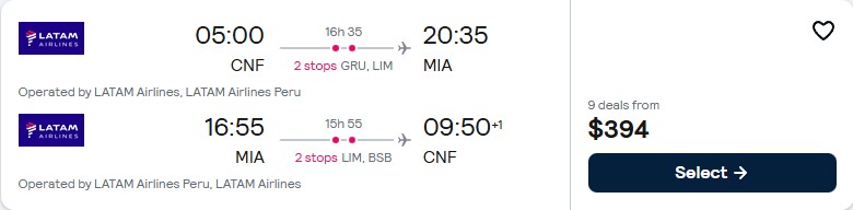 Click here to book this cheap flight deal. Cheap flights from Belo Horizonte, Brazil to Miami, USA for only $394 USD roundtrip with LATAM Airlines. Flight deal ticket image.